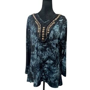 Annabell Marble Blue Artsy Silver Studded Black Beaded Tunic Size Small Fits L